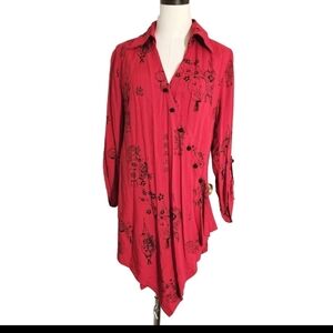 Soft Surroundings Medium Red Chinese Pagoda Lantern Wrap Asian Tunic Casual Top